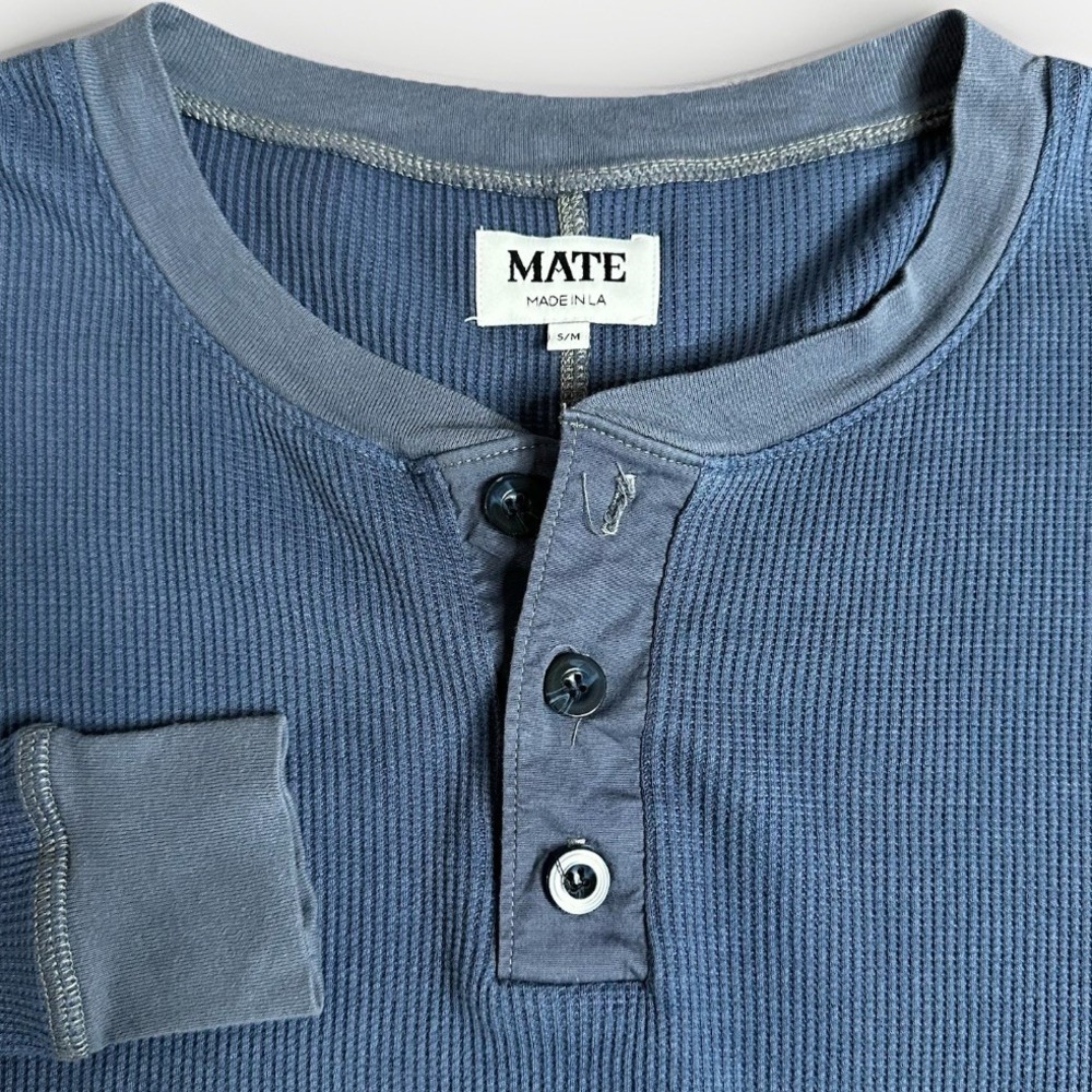 Mate The Label Henley Shirt Womens S/M Blue Button Popover Thermal Long Sleeve